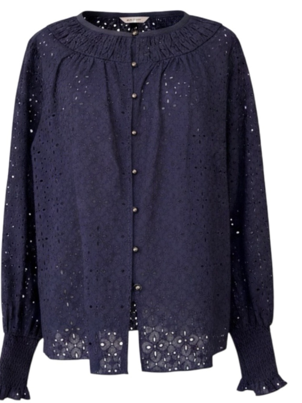Ramy Brook Rossi Eyelet Blouse Navy Blue Smocked Button Front Top SZ:L | NWT